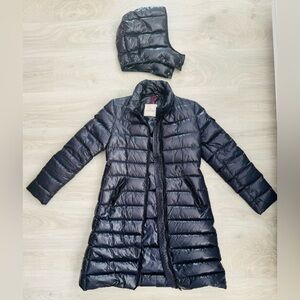 Women’s Vintage Moncler Navy Moka mid-length coat with hood.